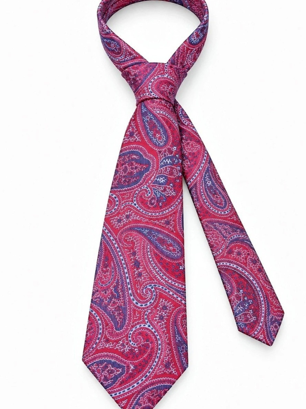 Tasso Elba Mens 100% Silk Tie Red Burgundy Blue Paisley Handmade Necktie